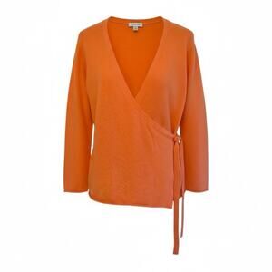 Garnet Hill 100% Cashmere Wrap Sweater Orange Kimono Style Top XS Lightweight
